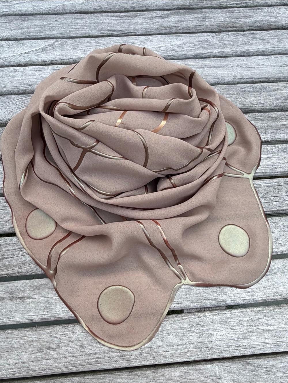 Hand Painted Silk Scarf Lazwr Cut Edge Blush Pink & Gold Oversized Wearable Art